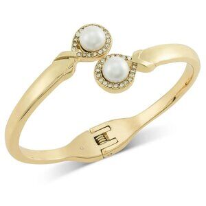 Charter Club Gold Tone Pave Crystal Imitation Pearl Bypass Bangle Bracelet Hinge